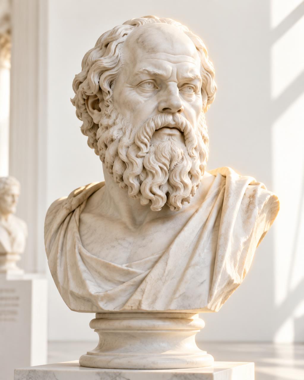 Marble bust of Socrates lit by golden rim light